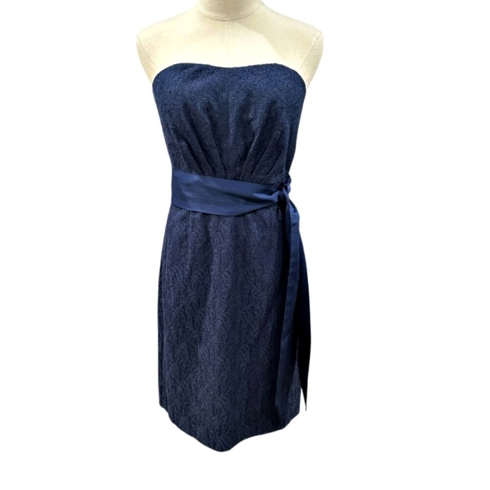 Tevolio Short Strapless Brocade Dress Satin Tie Belt Blue Sz 6 Sheath HOCO Club